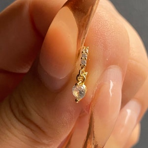 14K Gold Plated Baby Pave Clear Cubic Zirconia Crystal Mini Circle Dangly Drop Hoop Huggie Cartilage Helix Tragus Rook Earring Single HE11