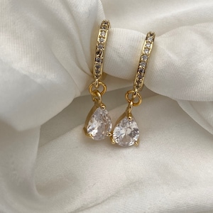 Stunning Handmade 18K Gold Plated Dangly Drop Cubic Zirconia Large Clear Teardrop Raindrop CZ Crystal Encrusted Huggie Sleeper Hoop Earrings