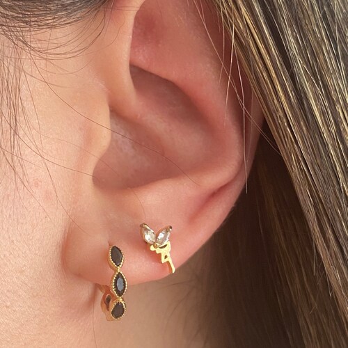 Stunning 18K Gold Plated Mini Cubic Zirconia Black Onyx Oval Cats Eye Charm Crystal Huggie Sleeper Hoop Earrings Gift