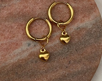 2 in 1 Multi-wear Removable Solid Heart Charm Stainless Steel 14K Gold Round Sleeper 1.2cm Huggie Hoop Stud Through Earrings Water Friendly