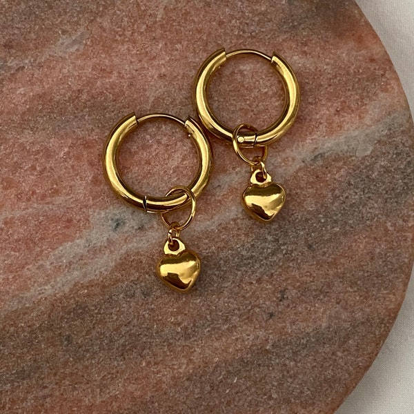 2 in 1 Multi-wear Verwijderbare Solid Heart Charm Roestvrij staal 14K goud Ronde Sleeper 1,2 cm Huggie Hoop Stud Through Oorbellen Watervriendelijk