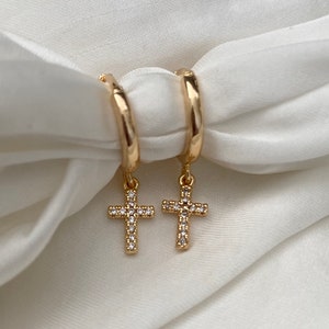 Stunning Handmade 18K Gold Plated Dangly Drop Small Cubic Zirconia Mini Cross Spiritual Charm Crystal Huggie Sleeper Hoop Earrings Gift