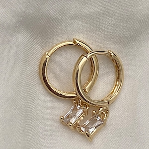 Stunning Handmade 18K Gold Plated Dangly Drop Tiny Cubic Zirconia Mini Rectangle Baguette Crystal Huggie Sleeper Hoop Earrings