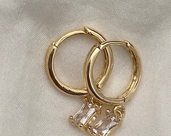 Stunning Handmade 18K Gold Plated Dangly Drop Tiny Cubic Zirconia Mini Rectangle Baguette Crystal Huggie Sleeper Hoop Earrings