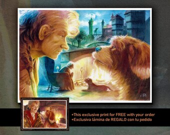 The Storyteller print- The Storyteller watercolour painting -Storyteller and dog next to the fireplace