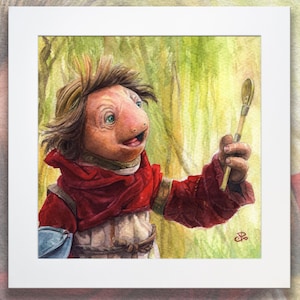 May include: A watercolour painting of a whimsical creature wearing a red robe and holding a long, thin, wooden spoon. The creature has a large head with a wide mouth and large eyes. The background is a soft green and yellow.