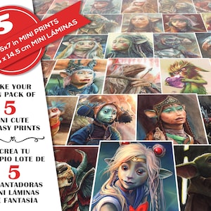 May include: A set of five 5.7 x 5.7 inch mini fantasy prints. The prints feature cute, colourful illustrations of fantasy creatures. The text "Make your own pack of 5 mini cute fantasy prints" is displayed on the left side of the image.