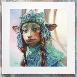 May include: A watercolor painting of a character with large, pointed ears, wearing a green and blue hat with a butterfly design. The character has a light brown face with green eyes and a soft expression. The background is a light pink and blue watercolor wash.