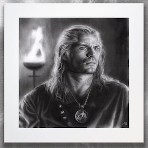 May include: A black and white pencil drawing of a man with long hair and a beard. He is wearing a necklace with a pendant. The background is dark with a bright light source behind him.