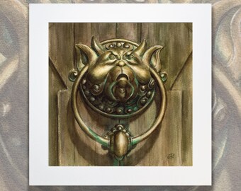 knocker art print - Left knocker labyrinth watercolor print - labyrinth knocker artwork