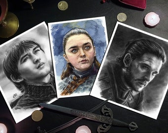 Set of 3 GOT art prints -bran-arya-jon- game of thrones inspired illustrations
