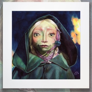 May include: Watercolour painting of a young person with pale skin and blonde hair wearing a green hooded cloak. The person has a blue insect on their cheek and a pink flower on their neck.