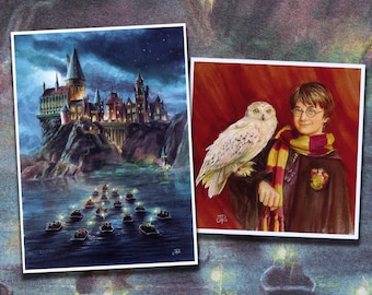 Set of 2 prints - Mages School of Magic and wizardry student with his cute owl - Castle in the night - wizard boy with fellow owl