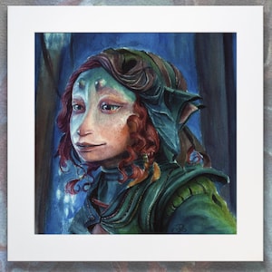 May include: Watercolour painting of a fictional character with green skin, red hair, and a green and brown hat. The character is looking to the left and has a gentle expression on their face.