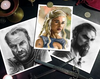 Set of 3 GOT art prints -jorah-daenerys-drogo- game of thrones inspired illustrations