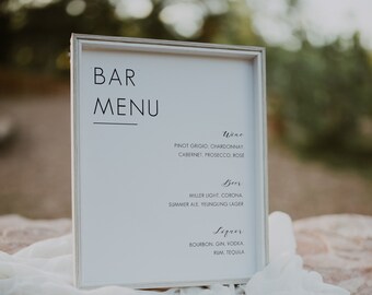 May include: A white framed sign with the words "BAR MENU" at the top. The sign lists different types of alcoholic beverages, including wine, beer, and liquor.