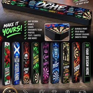 May include: A custom darts oche featuring a long rectangular black base with various graphic designs including skulls, lions, flags, and dartboards. The product displays text such as CUSTOM DARTS OCHE, MAKE IT YOURS, and YOUR DESIGN HERE in multiple fonts.