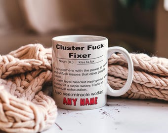 Taza personalizada "Arregla-líos": regalo divertido para la oficina