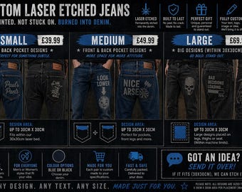 Benutzerdefinierte Laser geätzte Jeans - Jedes Design, jede Größe - Blauer oder schwarzer Denim