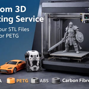Può includere: Annuncio di un servizio di stampa 3D. L'immagine mostra una stampante 3D con una figura di guerriero stampata, un'auto giocattolo e un robot. Sono visibili anche bobine di filamento. Il testo recita "Custom 3D Printing Service" e "Print Your STL Files in PLA or PETG."