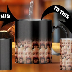 May include: A black ceramic mug with a color-changing design. The mug is empty and black. When hot liquid is poured into the mug, the image of a man's face appears. The mug has a white handle and a white interior.
