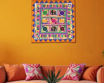 Indian hand Embroidered, Gujrati Textile Wall hanging, Applique textile art, Embroidered Cotton Textiles, Bohemian Wall Decor Multi Color