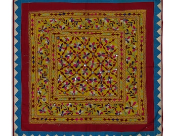 Vintage Indian Kutch Tapestry, Tribal Banjara Tapestry Wall hanging ,Indian wall hanging , boho wall decor mirror floral embroidery work art