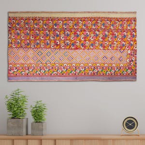 Vintage Hand Embroidered Gujarati Tapestry Cotton Mirror work Multi Thread Wall Art Home Décor Gifts 30-40 Years Old Wall Hanging Textiles