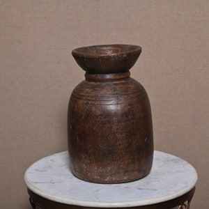 Vintage Wooden Hand Painted Himachal Matka Pot Wood Old Hand Carved Long Neck Water Dispenser Wooden Vessel Statue Wood Surahi Figurines