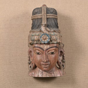 Indian Wooden Hand Carved King Mask Traditional Vintage Painted Mask On Stand Tribal Mask Hanging Statue Hand Painted Decorative Sculpture