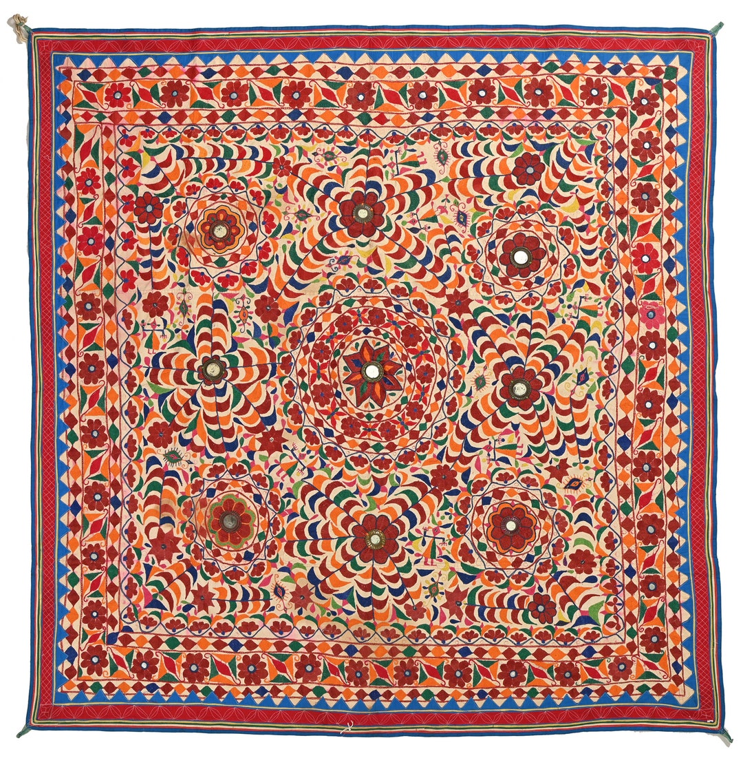 Vintage Flower Embroidered Mirror Work Tapestry Antique Gujarati