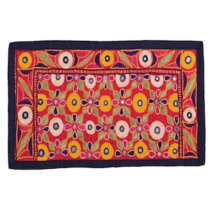Vintage Gujarati Wall Decor Textiles Indian Cotton Hand Embroidered Boho Floral Tapestry Handmade Mirror Work Wall Hanging Wall Art Tapestry