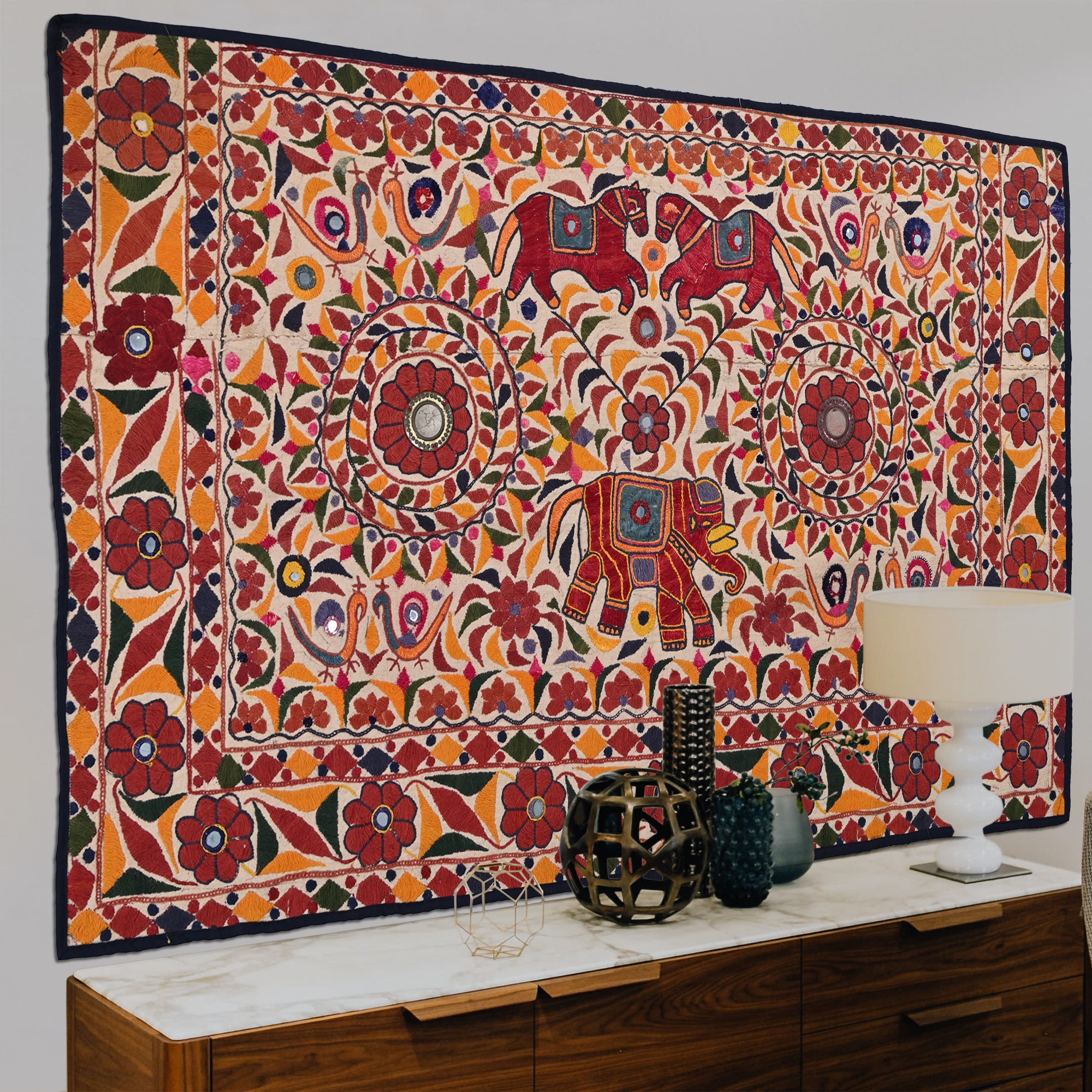 Elephant, Floral and Mirror Work Motifs Wall Hangings, Vintage