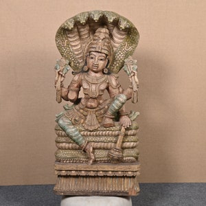 Decorative Vintage Wooden Hand Carved Goddess Statue Hand painted Wood Figure Hindu goddess of Arts Sitting on Louts Idol Home Sculpture