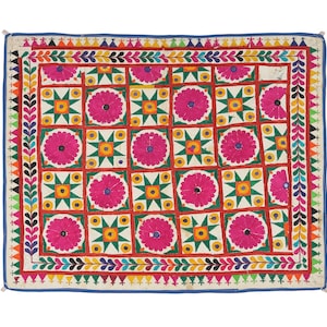 Vintage Handmade Cotton Wall Hanging Floral motifs Gujarati Hand Embroidered Wall ArtTraditional Indian Textile Tapestry Home Decor Gift