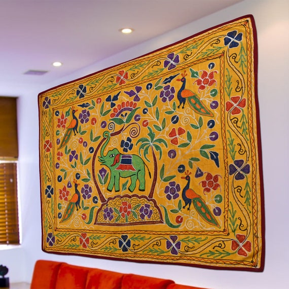 象の手刺繍タペストリー 壁飾り 壁アート インドの壁掛け