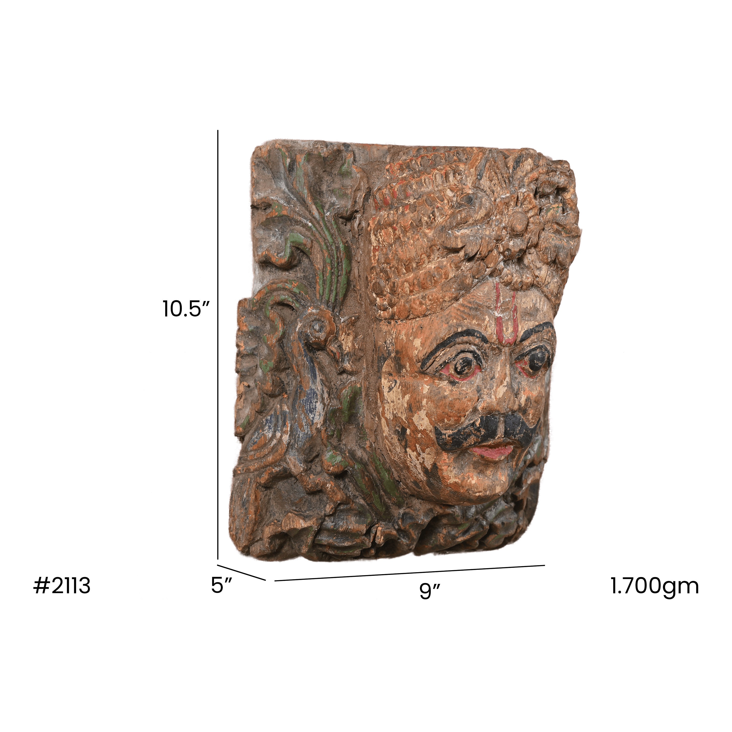 ヴィンテージ木製手彫りキングフェイスマスクアンティーク調塗装済み