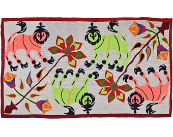 Indian hand embroidered Applique textile, Animal and birds motifs tapestry, Living room cotton wall hangings