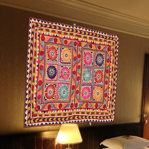 Tapestry Indian Hand Embroidered Floral Design Gujrati Tapestry, Floral Theme Textile, Vintage Cotton Wall Tapestry, Wall Hanging Textile