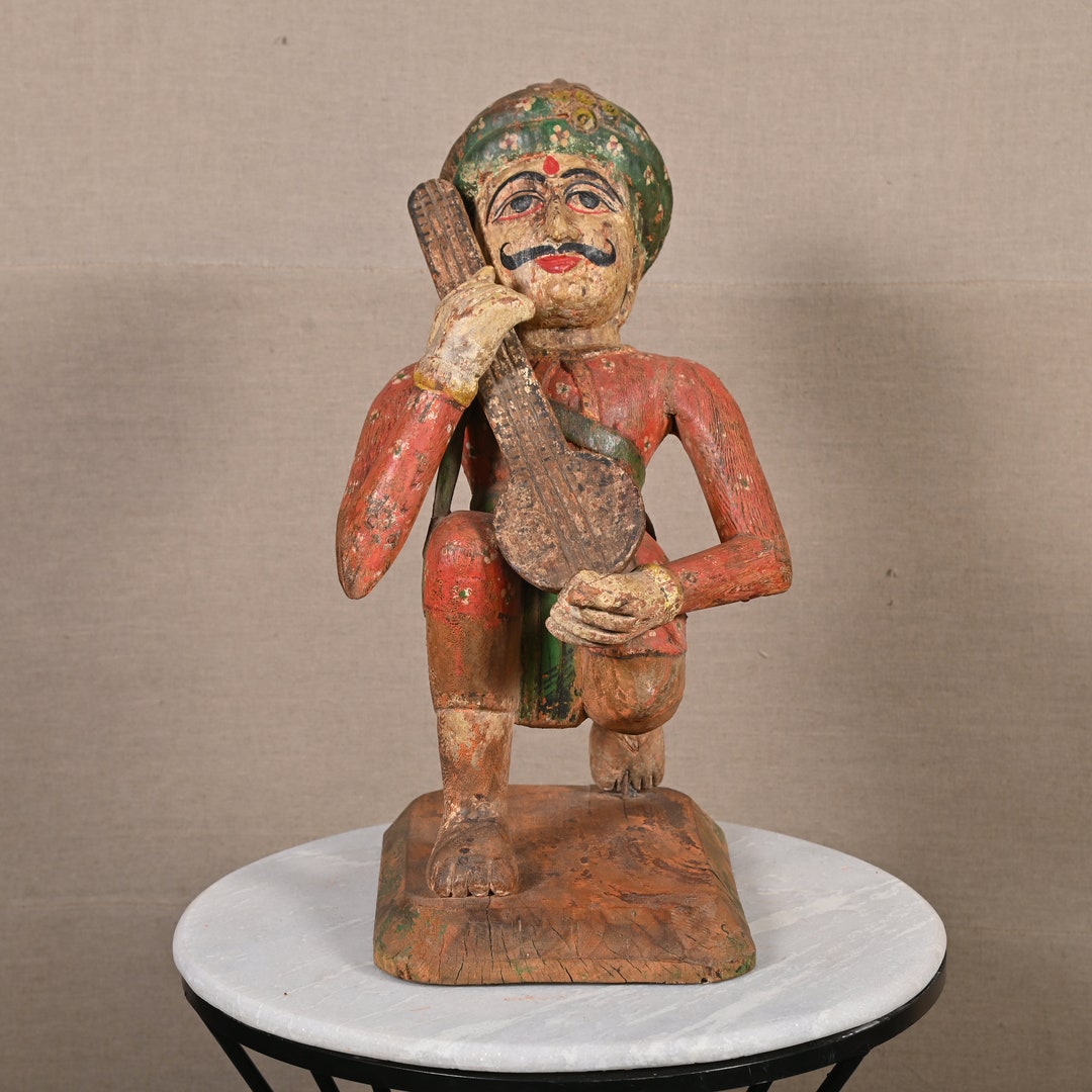 Vintage Wooden Statue Rajasthani Man Figurines Indian Wooden Hand