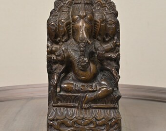Five Headed Lord Ganesha in Brass, 1930-1940s Vintage Brass Art, Antique,  Mid 20th Century Panchmukhi Ganesha, Indian mythological figurine