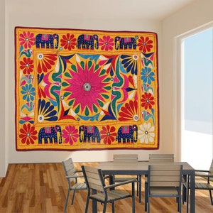 Tapestry Vintage Gujrati 40-50 year old Handmade Silk embroidery, Antique  cotton fabric  wall hanging Traditional Textile, Indian Textile