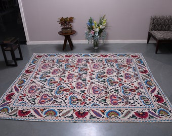 Arazzo Afghani cotone su seta Tappeto ricamato Vintage Boho Cotone fatto a mano Ricamo Arte Tappeti Area boho Antico tappeto di cotone ad uncinetto