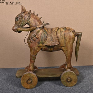 Wood Horse on Wheels Statue Vintage Decor Statue Decorative Horse Figurine Sculpture Vintage Hand Carved Rocking Horse Figure Animal Artwork
