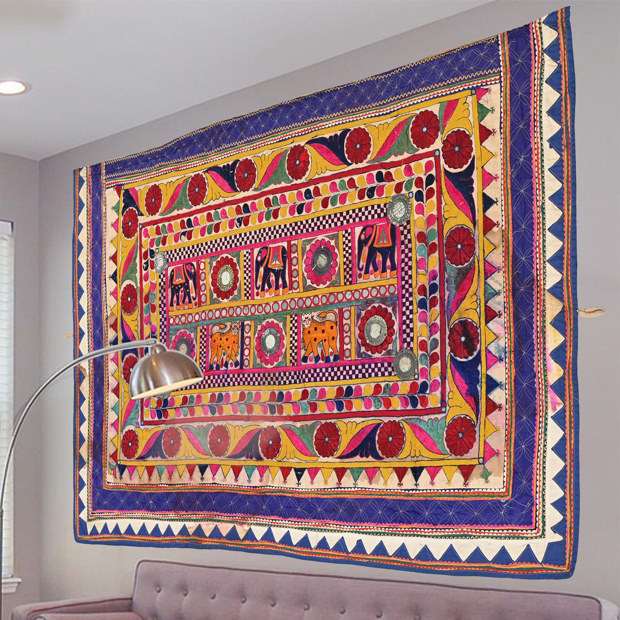 Broderie vintage faite main en textile, tenture murale Boho Banjara, tapisserie tribale vintage, décoration murale, peinture 3,9 x 2,3 pieds - Canada
