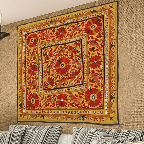 Tenture Murale Indienne Gujarati - Textile Boho Banjara - 100% Coton - 1,3 X 1,3 Pieds