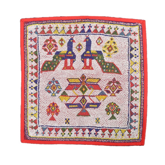 Tapisserie Murale Vintage Indienne – Broderie Coton, Perles Et Miroirs – Fait Main