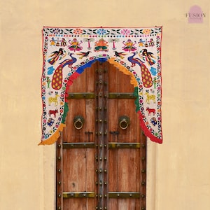 Toranas, Handmade embroidered peacock tapestry door hanger from India, Ethnic Kuchi wall decor, boho home decor, Bandhanwar