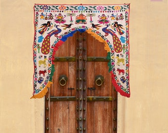 Toranas, Handmade embroidered peacock tapestry door hanger from India, Ethnic Kuchi wall decor, boho home decor, Bandhanwar