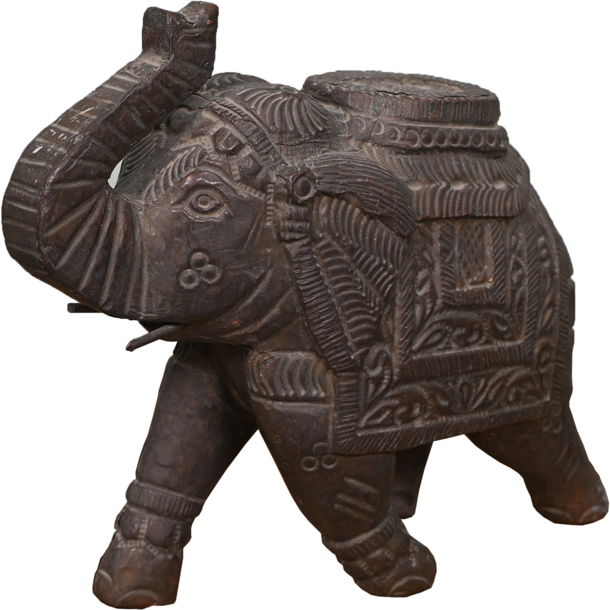 Sculpture éléphant Ancienne – Bois Sculpté Main Avec Incrustations Laiton Et Cuivre – Inde